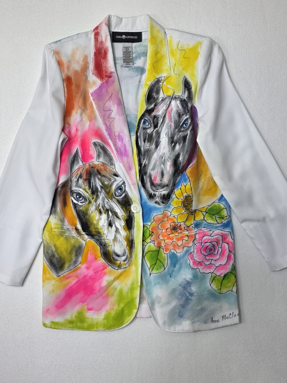 SAG Harbor Horse/Floral Art Hand Made On White Blazer Jacket Womens Color Size 8